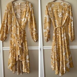 H&M High Low Midi Wrap Dress Yellow Ivory Artsy Abstract Print Size Small